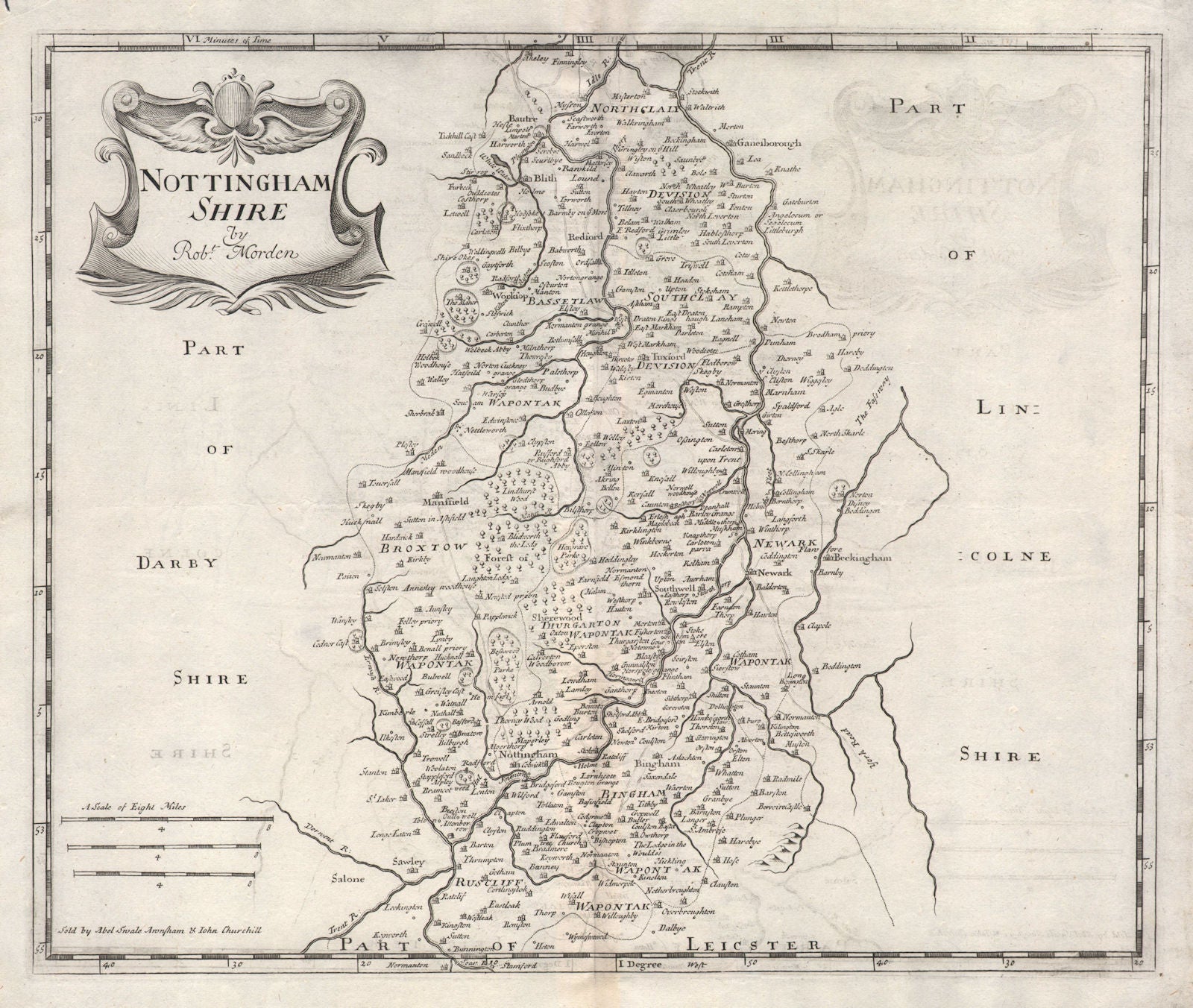 NOTTINGHAMSHIRE. by ROBERT MORDEN from Camden's Britannia 1722 old antique map